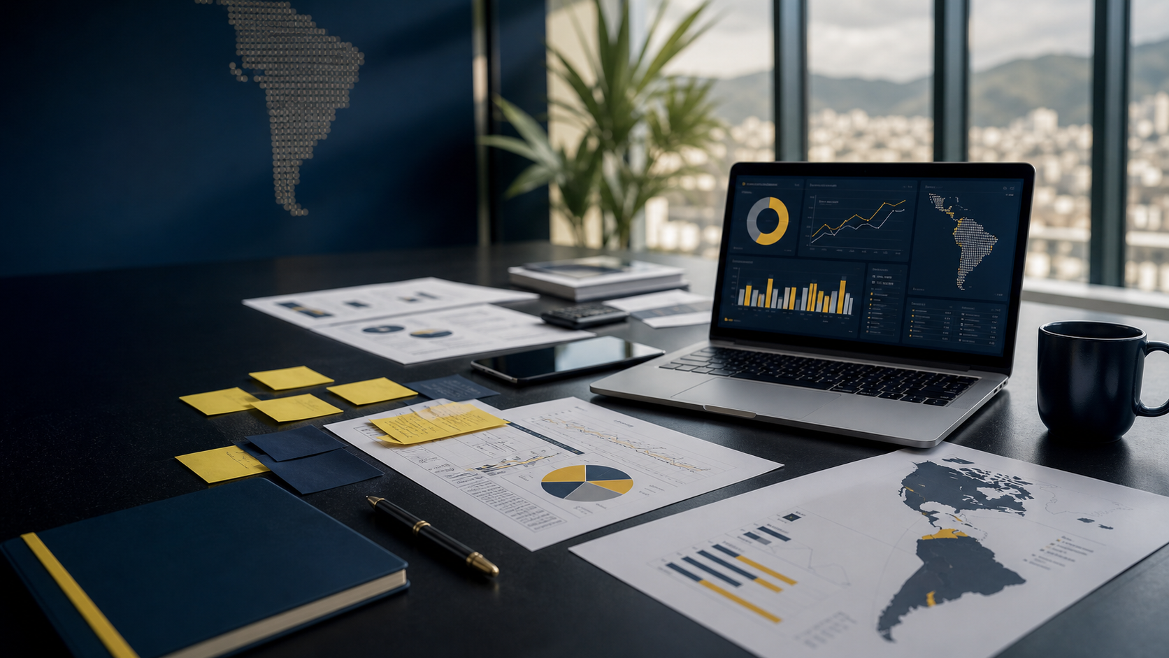 Mesa de investigación y estrategia con gráficos y tablero digital