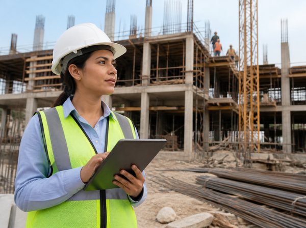 Ingeniera revisa planos en la obra