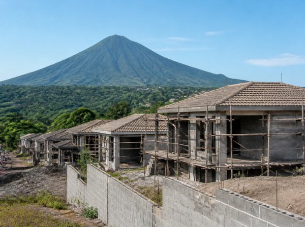 Obra en construcción con un volcán al fondo