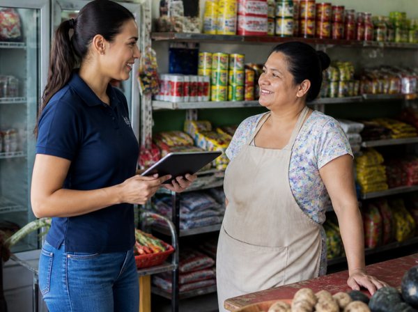 Vendedora visita a la dueña de una tienda