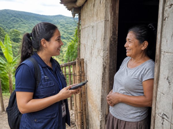 Encuestadora entrevista a una mujer en su vivienda rural