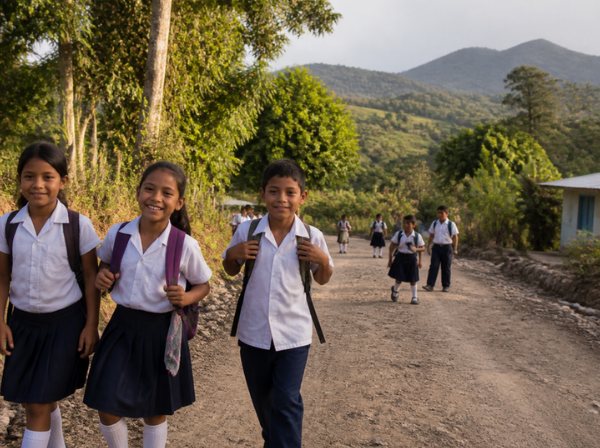 Escolares caminando por un camino rural