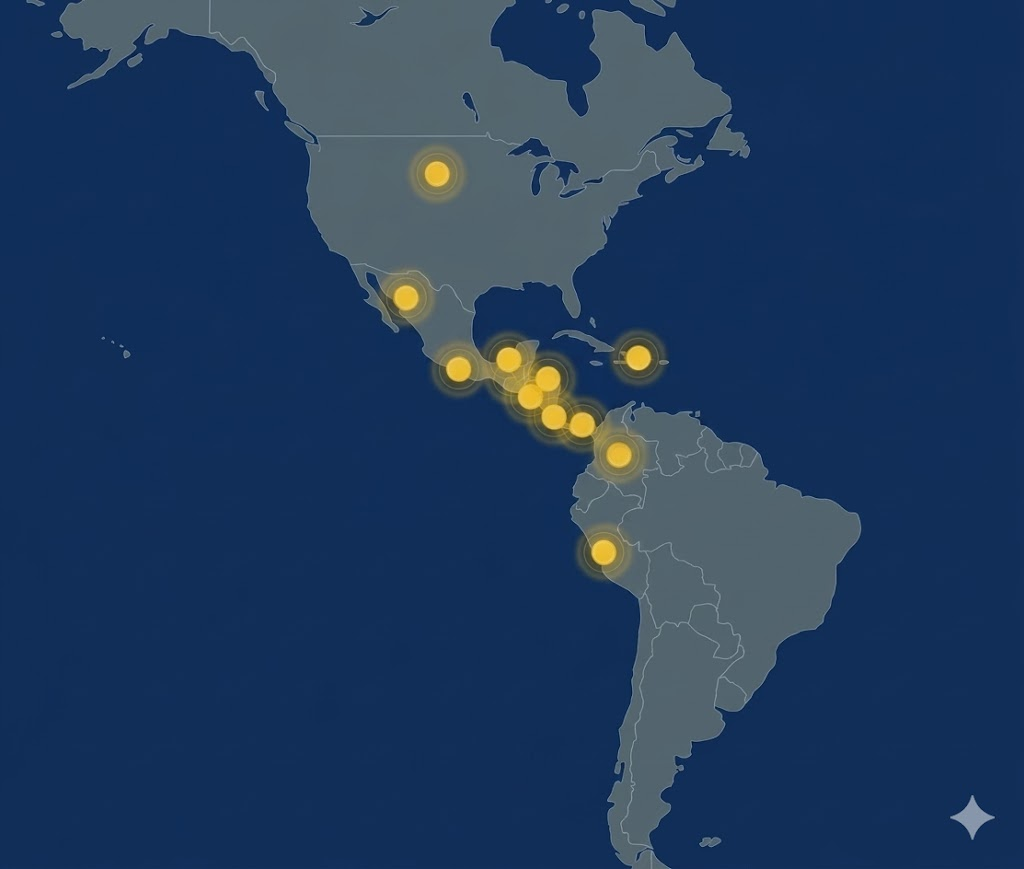 Mapa de América con países de experiencia de investigación marcados